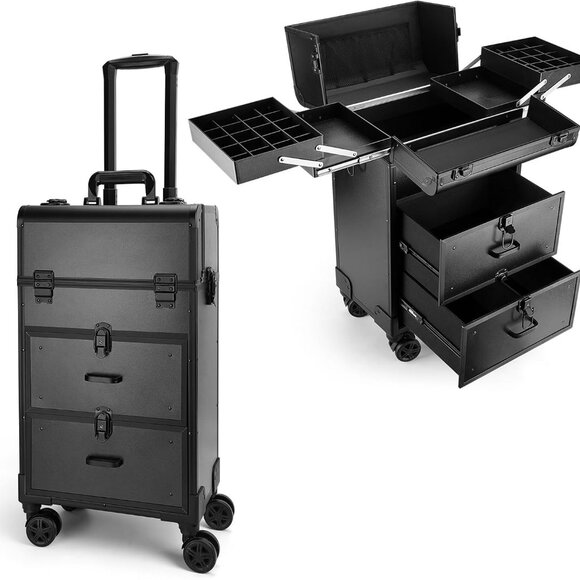 Rolling Makeup Train Case, Professional Cosmetology Case on Wheels, Aluminum Cos - Picture 1 of 7